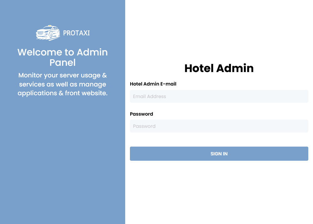 Admin Dashboard Hotel Login Screen