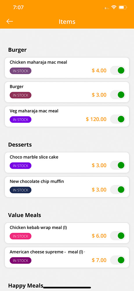 restaurant menu items