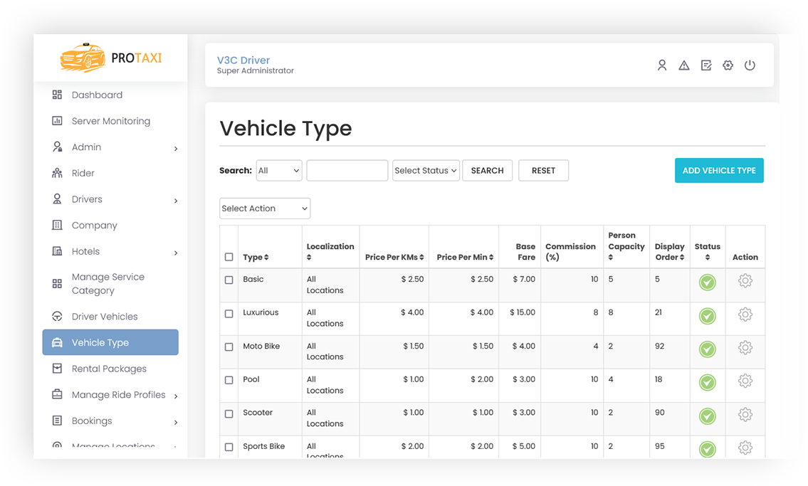 Vehicle Type Management Vehicle Type Management Screen