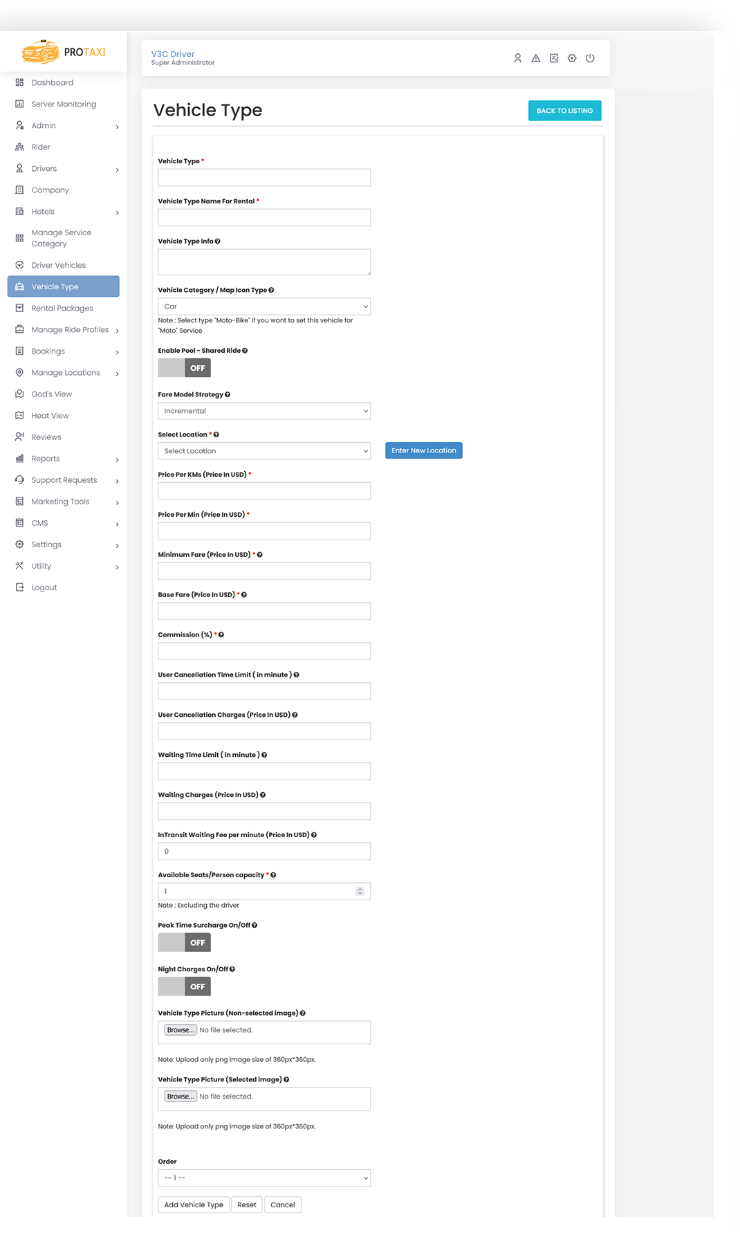 Vehicle Rates Management Vehicle Rates Management Screen