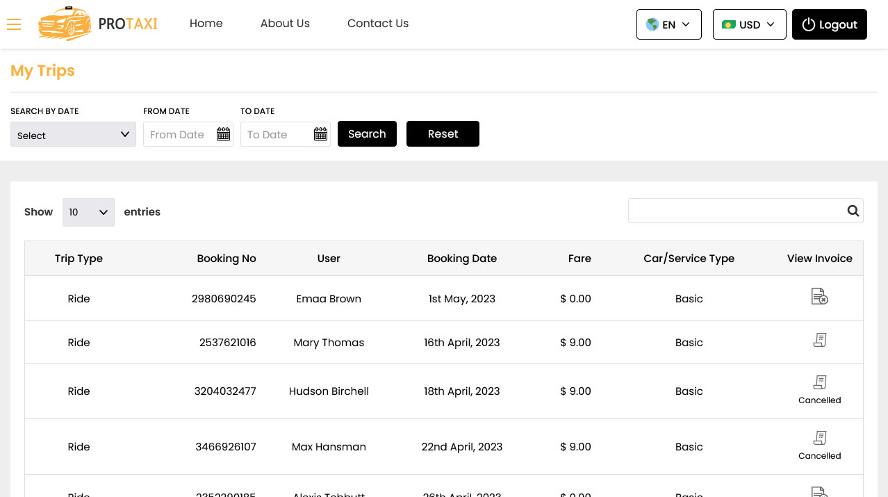 Driver Panel Manage Trips Screen