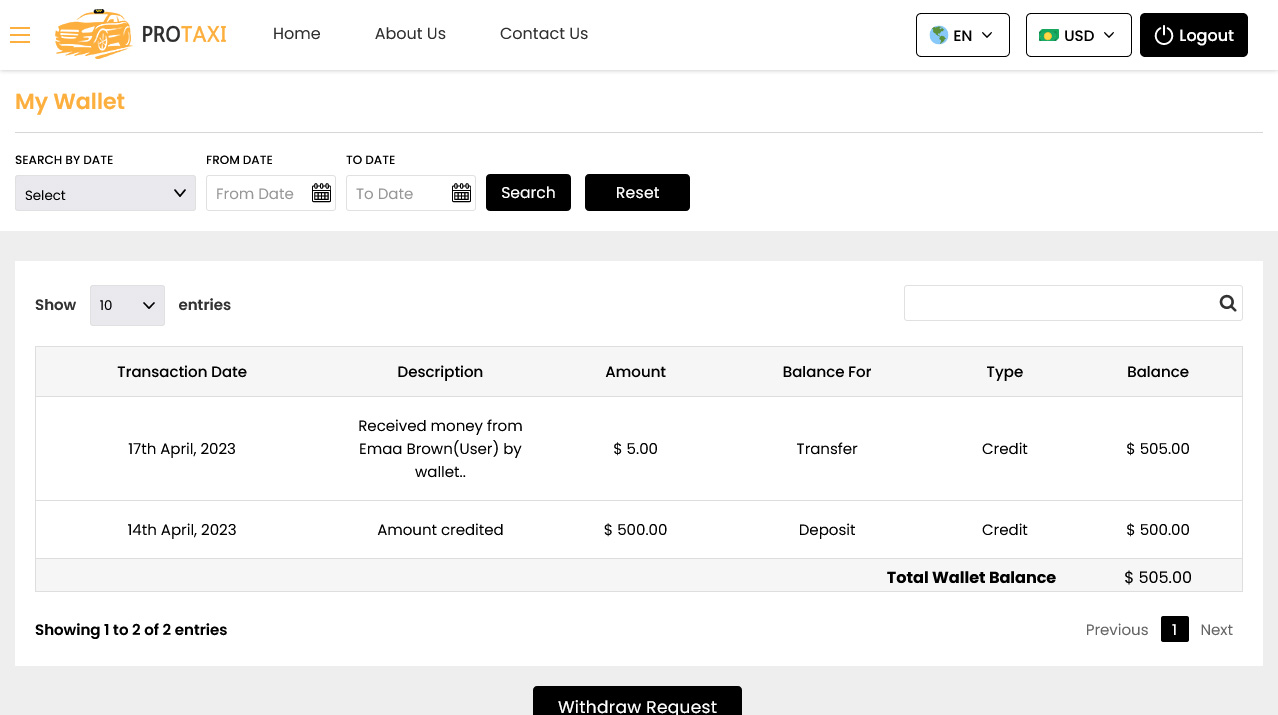 Driver Panel Total wallet Screen